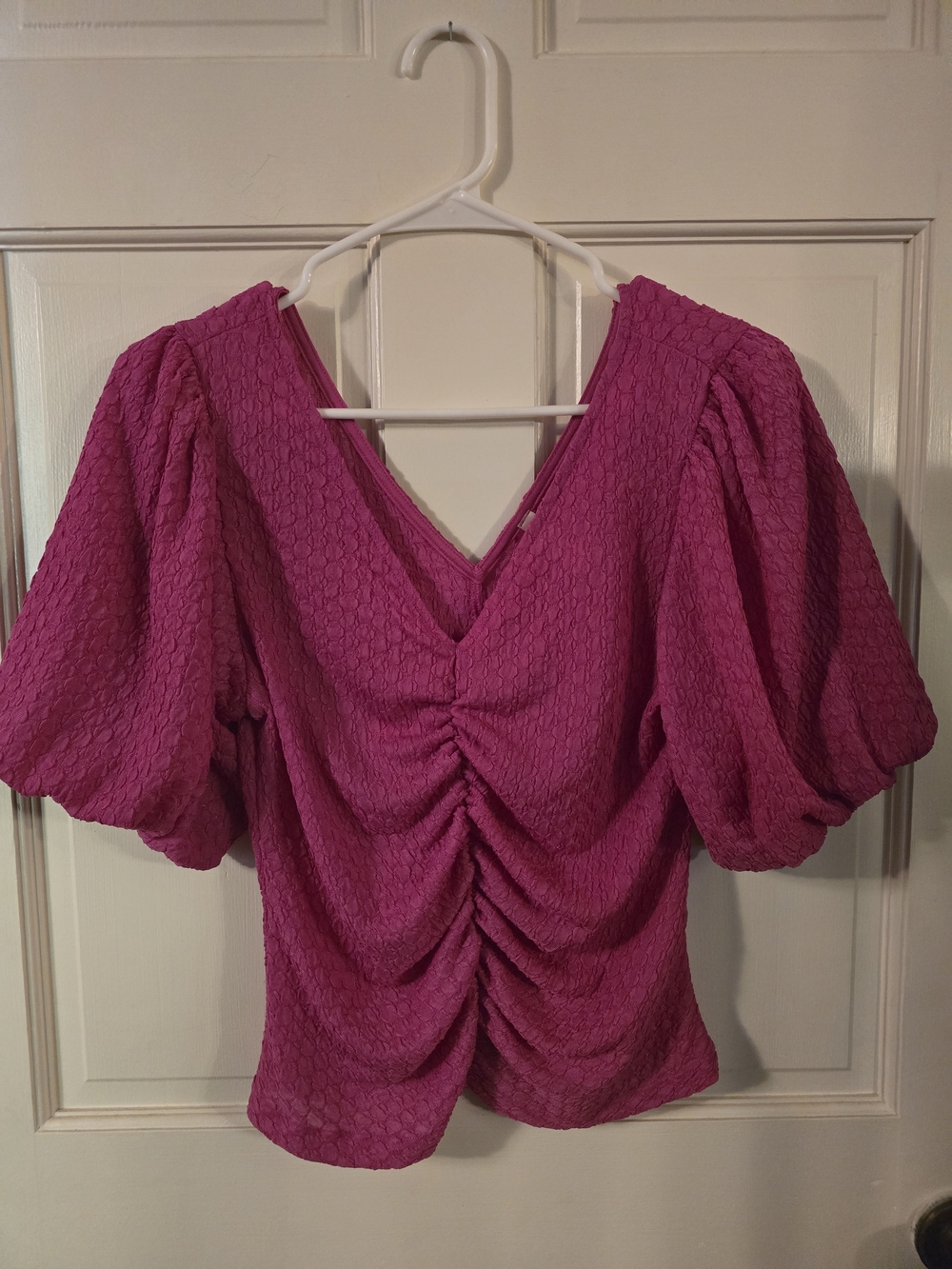 M.t.s Fuchsia Ruched V-Neck Puff Sleeve Blouse #249